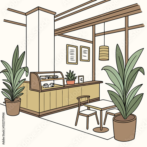 Empty no people eco-friendly cafe cozy design interior with green pants in pots vector illustration