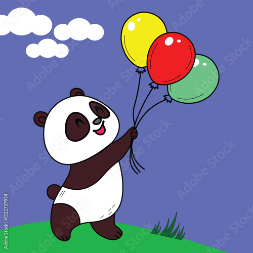 Cute Cartoon Panda Holding Colorful Balloons – Vector Illustration.