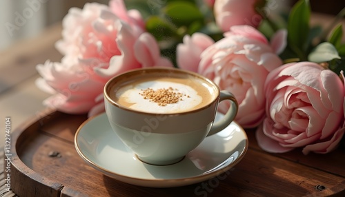An elegant still life composition where a steaming cup of cappuccino sits on a vintage wooden tray, surrounded by fresh peonies in full bloom. Tiny sugar particles gracefully fall into the cup