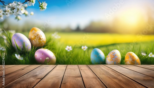 Vintage wooden table adorned with colorful Easter eggs, nestled in a dreamy spring meadow with a soft, ethereal blur A timeless scene of tranquility and renewal. photo