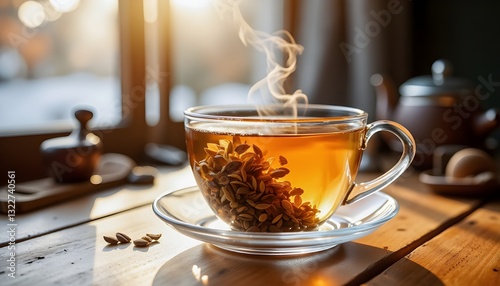 A deep and moody still-life shot featuring a white teacup with dark loose tea leaves gently spinning as they expand in the hot water. The motion of the leaves creates an artistic whirlpool effect,