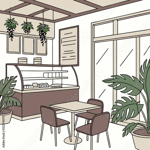 Empty no people eco-friendly cafe cozy design interior with green pants in pots vector illustration
