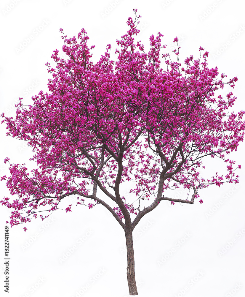 Vibrant magenta blossoms on isolated redbud tree Vibrant magenta blossoms on isolated redbud tree