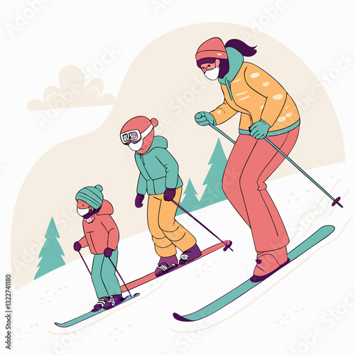 Family skiers. Children with parents on ski resort, winter vacation sport tourism happy kid daughter father son mother in skier mask snowboard outfit, classy vector illustration