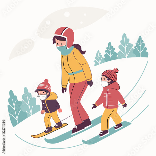 Family skiers. Children with parents on ski resort, winter vacation sport tourism happy kid daughter father son mother in skier mask snowboard outfit, classy vector illustration
