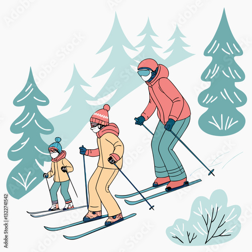 Family skiers. Children with parents on ski resort, winter vacation sport tourism happy kid daughter father son mother in skier mask snowboard outfit, classy vector illustration