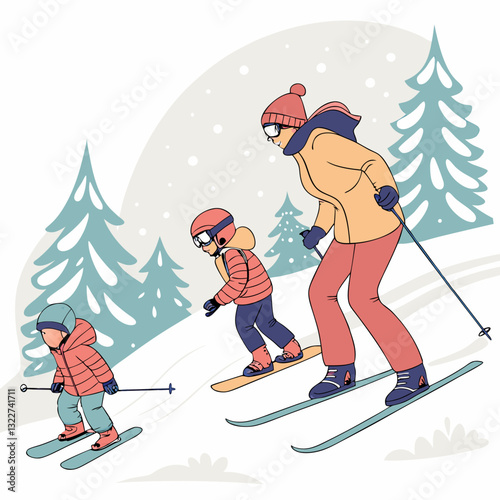 Family skiers. Children with parents on ski resort, winter vacation sport tourism happy kid daughter father son mother in skier mask snowboard outfit, classy vector illustration