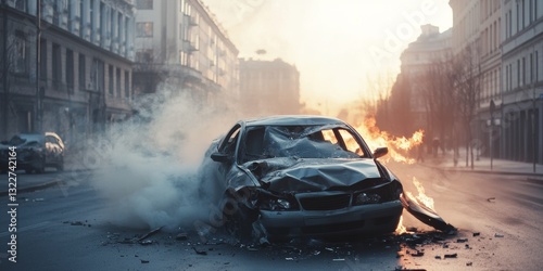 Car explosion in urban street at sunset creates dramatic scene with smoke and flames