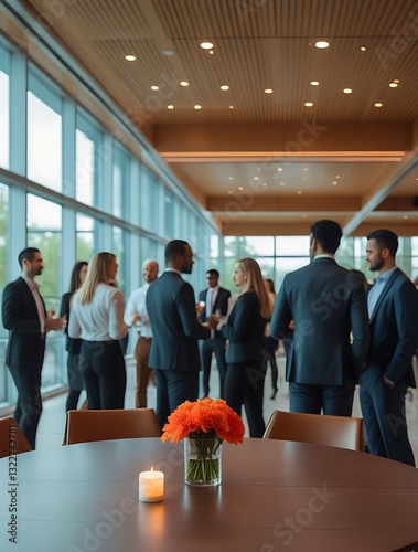 Professional business networking event in a modern conference hall with large windows, where diverse business professionals are engaging in conversations and making corporate connections

