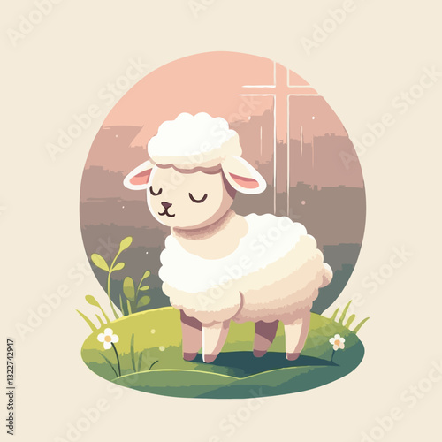 a stylized Easter lamb standing peacefully in a meadow with a subtle cross-shaped light beam behind it