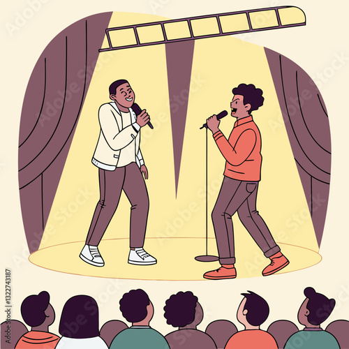 Comedian artist persons with microphone perform stand-up comedy show on stage vector set, audience listening jokes