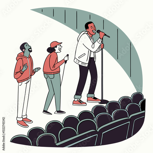 Comedian artist persons with microphone perform stand-up comedy show on stage vector set, audience listening jokes