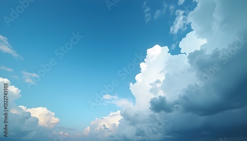 A vast blue summer sky with fluffy white clouds gently floating across. As time progresses, the clouds grow darker and denser, slowly turning into ominous thunderclouds. The contrast between the brigh