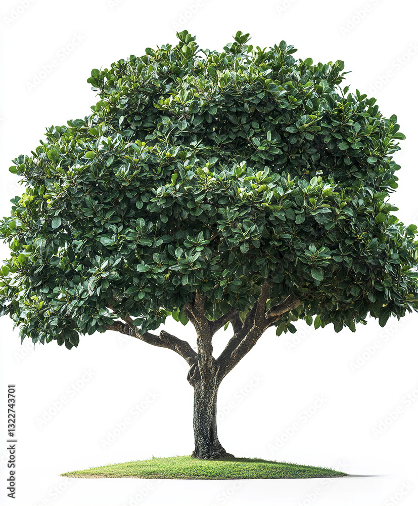 Obraz premium Lush macadamia tree with deep green thick leaves on small grassy mound