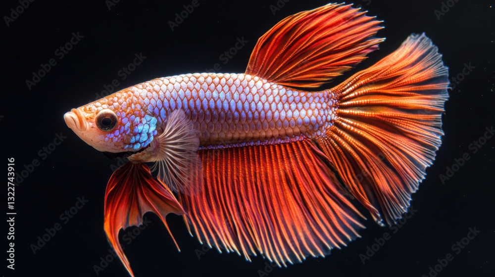 elegant, vibrant Betta fish with striking red and blue fins swimming gracefully against solid black background, showcasing its beauty and fluid motion elegant, vibrant Betta fish with striking red and blue fins swimming gracefully against solid black background, showcasing its beauty and fluid motion