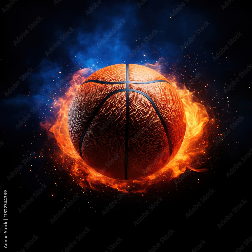 Fototapeta premium basketball surrounded by flames and energy, creating dynamic and intense atmosphere. vibrant colors and motion evoke excitement and passion for sport