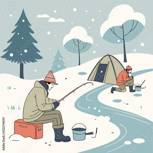 Ice fishing on frozen lake in winter landscape. Fishermen leisure, sitting by drilled holes with rods, catching fish in cold snowy weather. Fishers camping at wintertime. Flat vector illustration