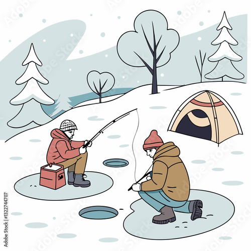Ice fishing on frozen lake in winter landscape. Fishermen leisure, sitting by drilled holes with rods, catching fish in cold snowy weather. Fishers camping at wintertime. Flat vector illustration