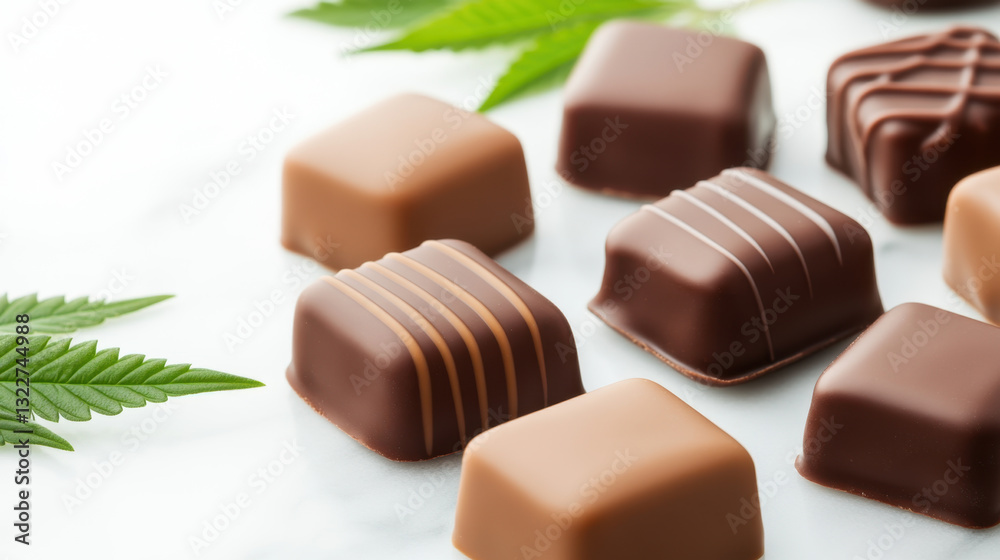 Delicious assorted chocolates with cannabis infusion, beautifully arranged on marble surface, surrounded by green leaves, creating tempting and indulgent atmosphere