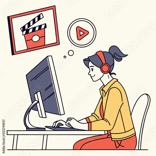 Motion designer woman. Young girl sits at computer screen and edits video. Freelancer and remote worker earn money on Internet. Talented digital artist at workplace. Flat vector illustration