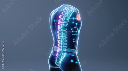 The Essence of Anatomy: An artistic visualization of the human body's spinal column, elegantly rendered with glowing, intricate details that invite a journey of scientific discovery