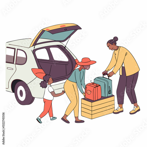 Family packing baggage into open car door. Parents with kids, teens going to holiday road trip. People loading luggage into automobile trunk to moving, leaving to auto travel. Flat vector illustration