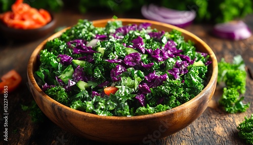 Healthy Kale Salad in Wooden Bowl photo