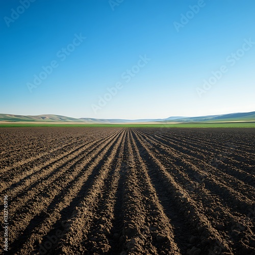 Farmed field with rows is ready for crop cultivation photo