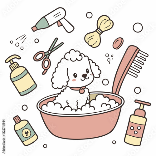 Cute little poodle taking a bath in a plastic bowl with soap foam, bubbles and grooming tools, such as hair dryer, scissors, shampoo, brushes, combs. Hand drawn doodle pet grooming salon illustration