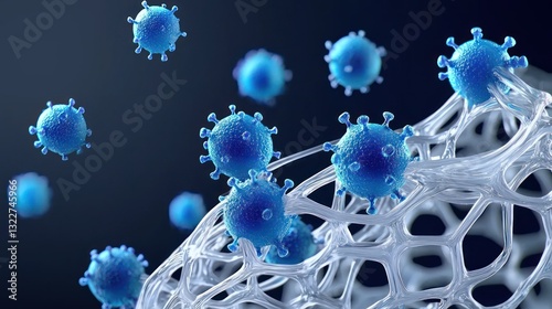 Microscopic Warfare: An intricate visualization of viral particles clashing against a porous structure, possibly representing a defensive barrier.