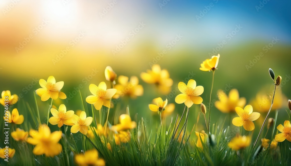 Vibrant Yellow Spring Blossoms Illuminating a Lush Green Meadow, Bathed in Soft Sunlight and Radiating Warm Energy on a Peaceful Afternoon. Vibrant Yellow Spring Blossoms Illuminating a Lush Green Meadow, Bathed in Soft Sunlight and Radiating Warm Energy on a Peaceful Afternoon.