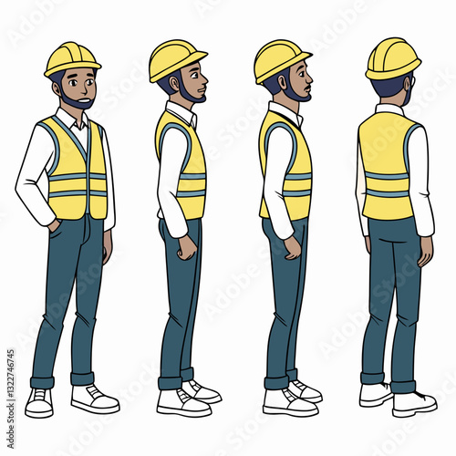 Construction worker, builder in helmet, vest, uniform vector illustration. Character constructor for animation. Front, side, and back view set. Body parts, postures, poses collection.