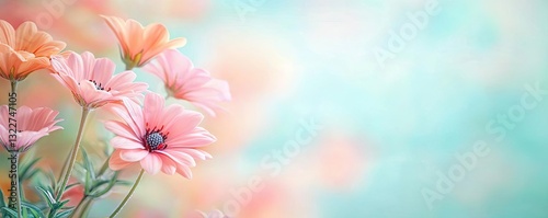 Floral illustration abstract background concept. Delicate flowers bloom in soft pastel colors against a dreamy, blurred background.