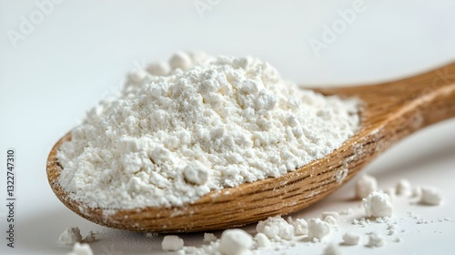 Tepung Putih Halus di Sendok Kayu Terisolasi pada Latar Belakang Putih