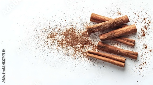 Stik Kayu Manis dan Bubuk Kayu Manis Terisolasi dengan Latar Belakang Putih