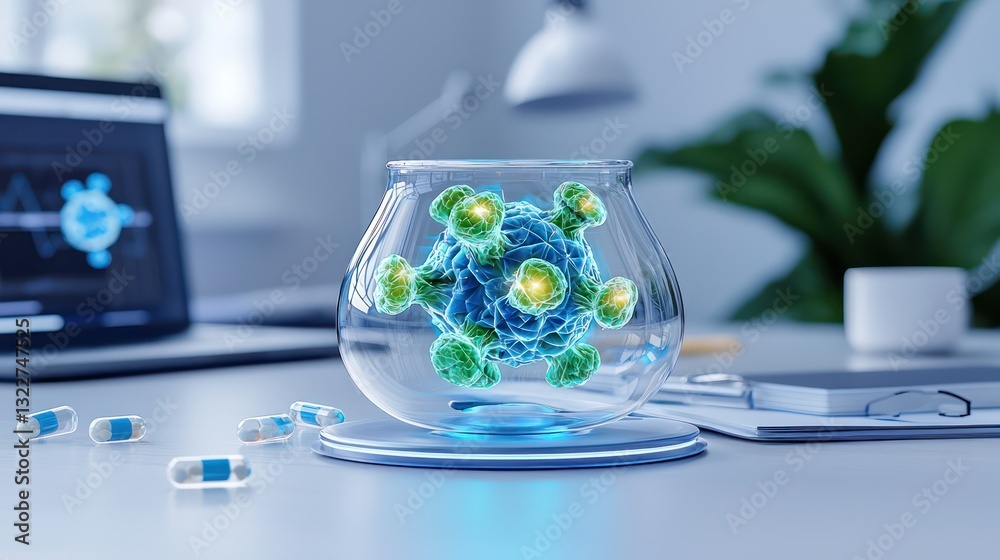Fototapeta premium Microscopic Marvel: An artistic representation of a virus cell, encased within a glass container, sits atop a desk, accompanied by pills and a computer display.