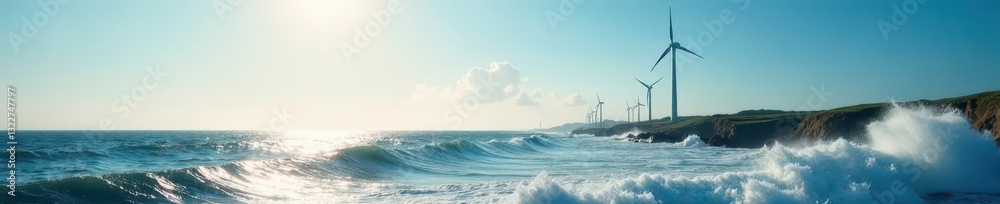 Fototapeta premium Coastal wind farm, bright sky, sparkling ocean waves , energy, turbine