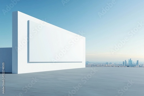 Minimalist architecture showcases a large blank wall against a clear sky with city skyline in the background