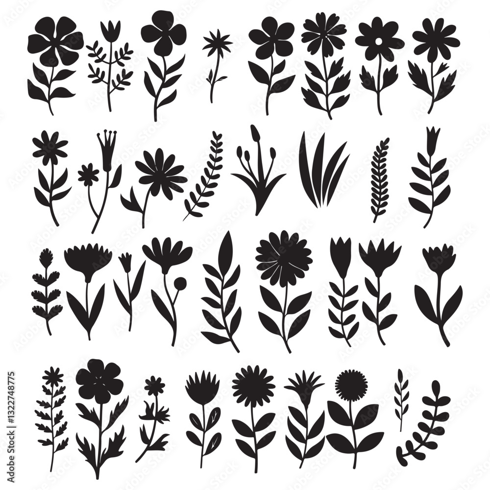 Fototapeta premium black floral silhouette collection, hand-drawn botanical elements, minimalistic flower and leaf vector set