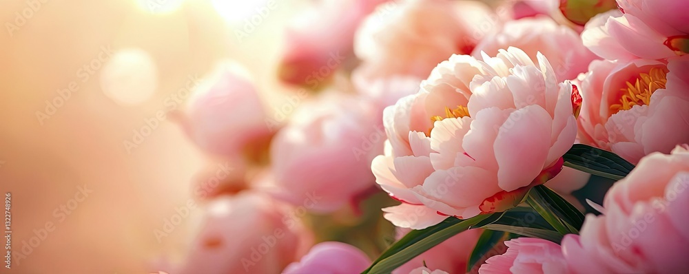 Fototapeta premium Floral illustration abstract background concept. Delicate pink peonies bloom in soft light, showcasing nature's beauty and tranquility.
