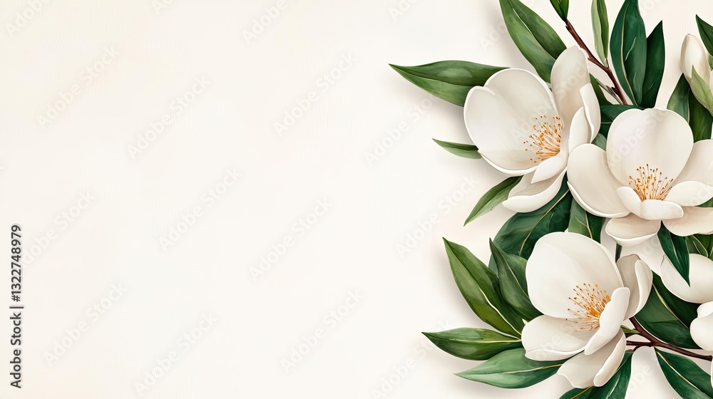 Fototapeta premium Floral illustration abstract background concept. Beautiful white magnolia flowers with green leaves on a soft neutral background.