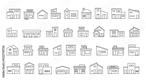 建物アイコン　不動産　　家　住宅　戸建て　シンプル　イラスト　セット　バリエーション　線画　ベクター