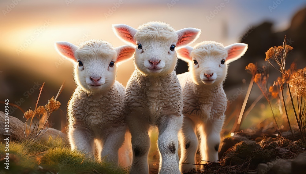 Playful Young Lambs Frolicking in the Meadow, Capturing a Charming Spring Morning Scene Filled with Pastel Hues and Soft Textures. Playful Young Lambs Frolicking in the Meadow, Capturing a Charming Spring Morning Scene Filled with Pastel Hues and Soft Textures.