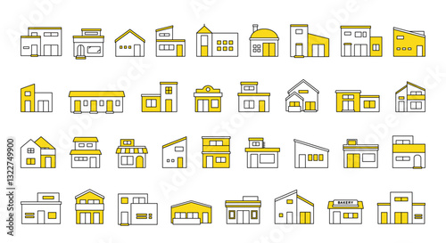 建物アイコン　不動産　　家　住宅　戸建て　シンプル　イラスト　セット　バリエーション　線画　ベクター