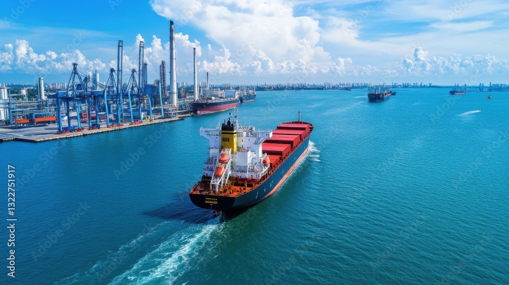 Obraz premium Large cargo ship navigating through busy shipping port with cranes and blue sky in the background
