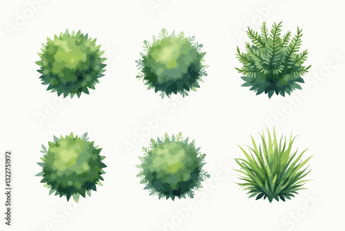 Watercolor painting of green grass isolated on white background with unique textures and foliage styles for landscape plan and architecture layout
