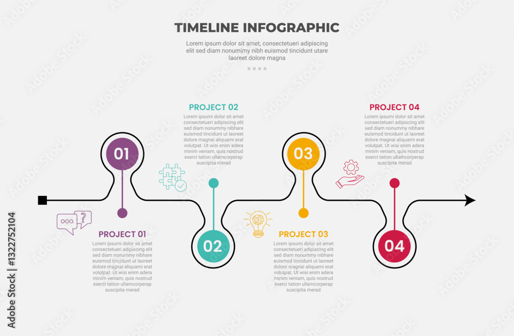 timeline infographic outline style with 4 point template with big circle up and down horizontal for slide presentation