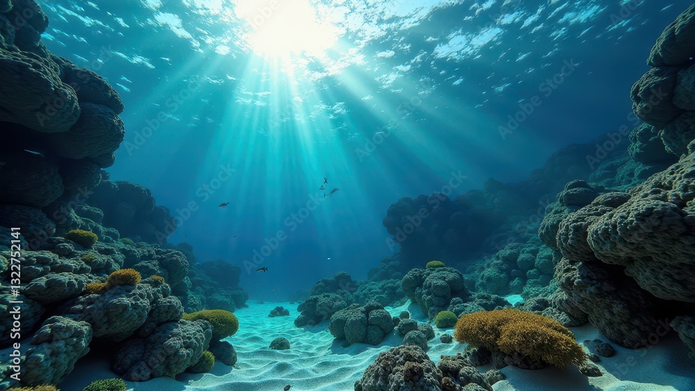 Obraz premium Sunlight filtering through ocean water over a coral reef with sandy seabed 