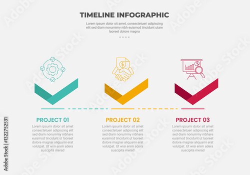timeline infographic outline style with 3 point template with flipped arrow ribbon with shadow bottom direction badge for slide presentation