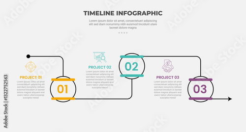 timeline infographic outline style with 3 point template with big circle with horizontal badge with up and down line connection for slide presentation